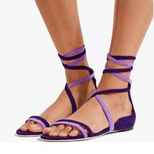 YDN Mix-purple Suede Lace Up Flats Sandals Open Toe Ankle High Gladiator Shoes